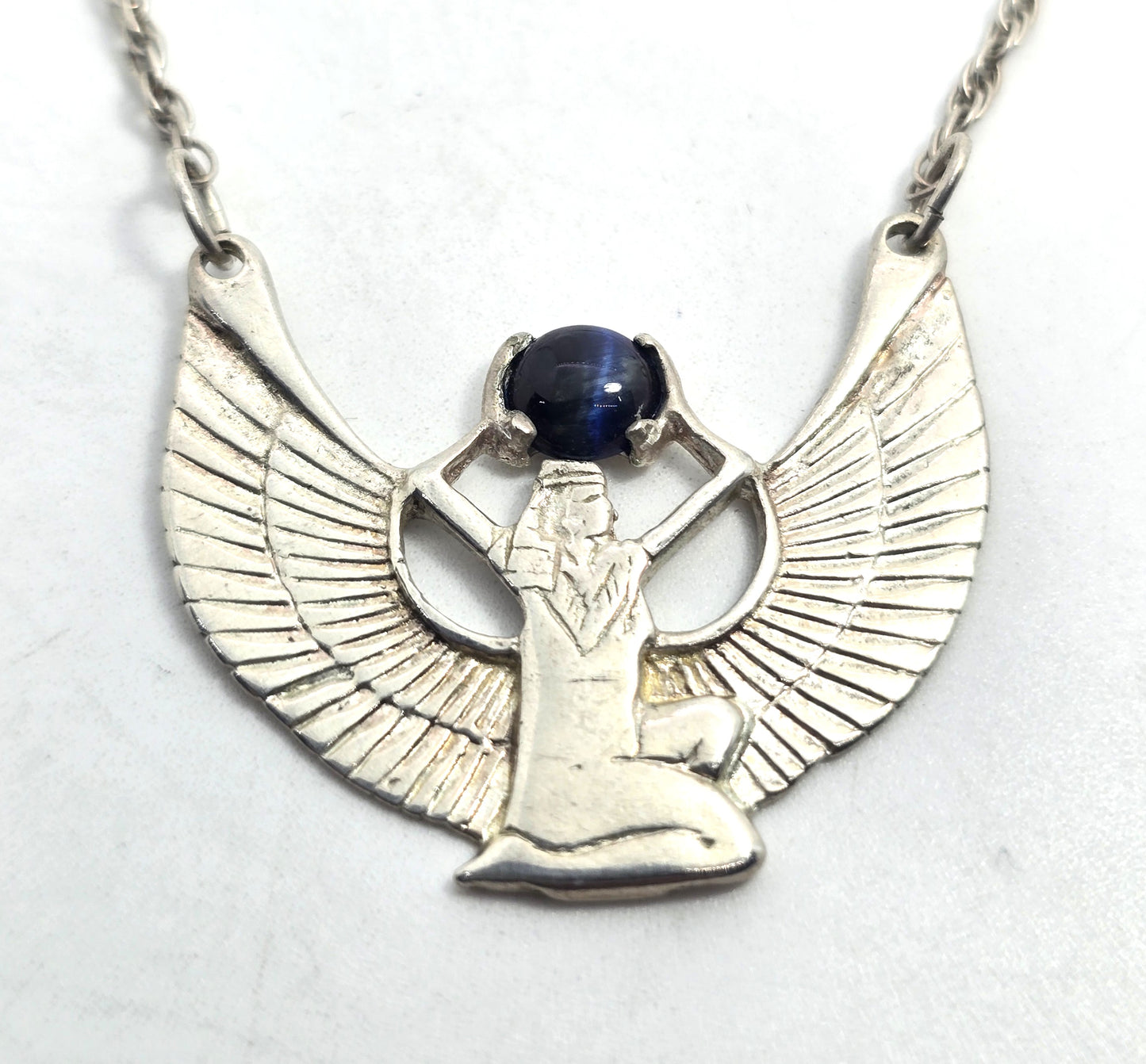 Egyptian Revival Isis Blue Tiger's Eye sterling silver vintage necklace
