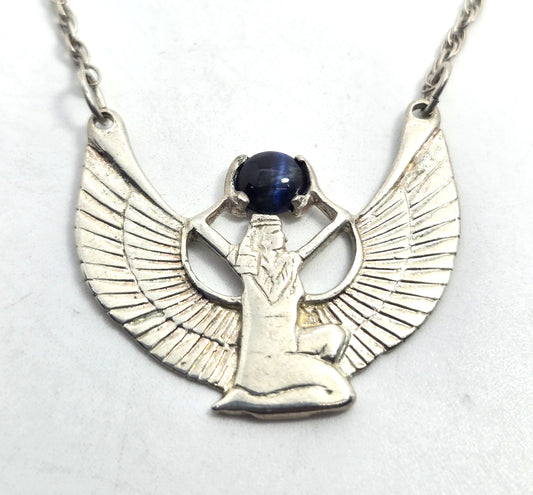 Egyptian Revival Isis Blue Tiger's Eye sterling silver vintage necklace