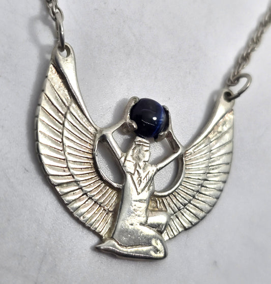 Egyptian Revival Isis Blue Tiger's Eye sterling silver vintage necklace