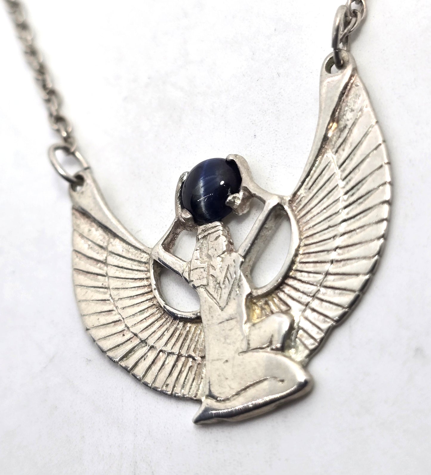 Egyptian Revival Isis Blue Tiger's Eye sterling silver vintage necklace