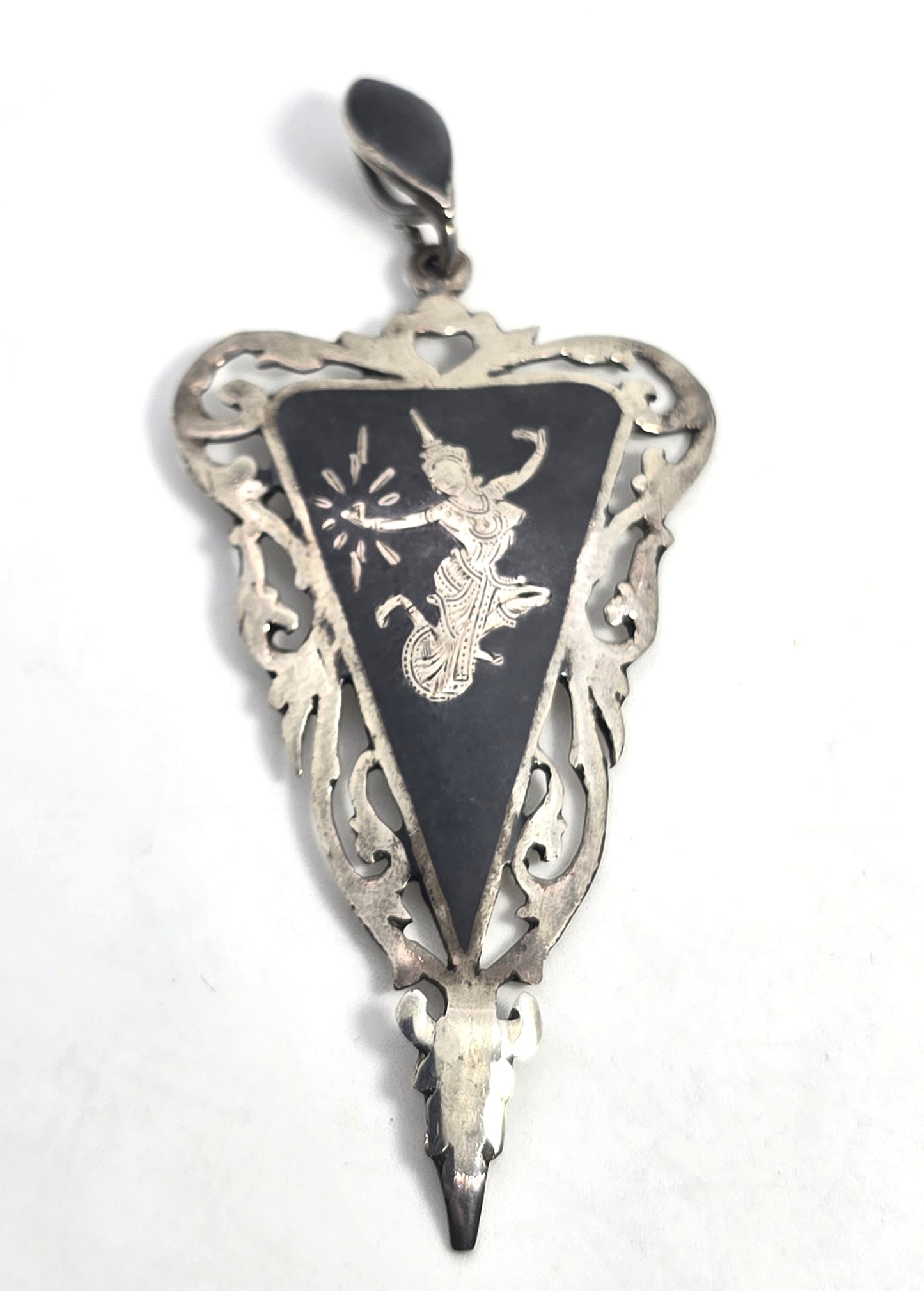 AmFarco Siam black nielloware vintage signed sterling silver triangle pendant