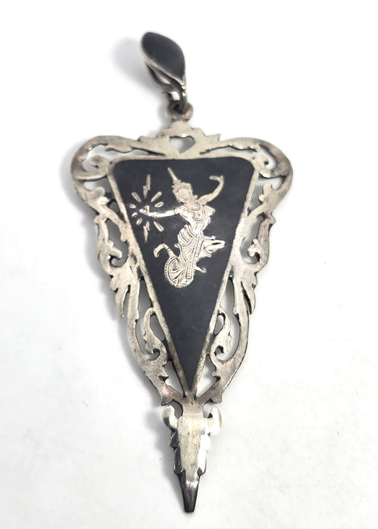 AmFarco Siam black nielloware vintage signed sterling silver triangle pendant