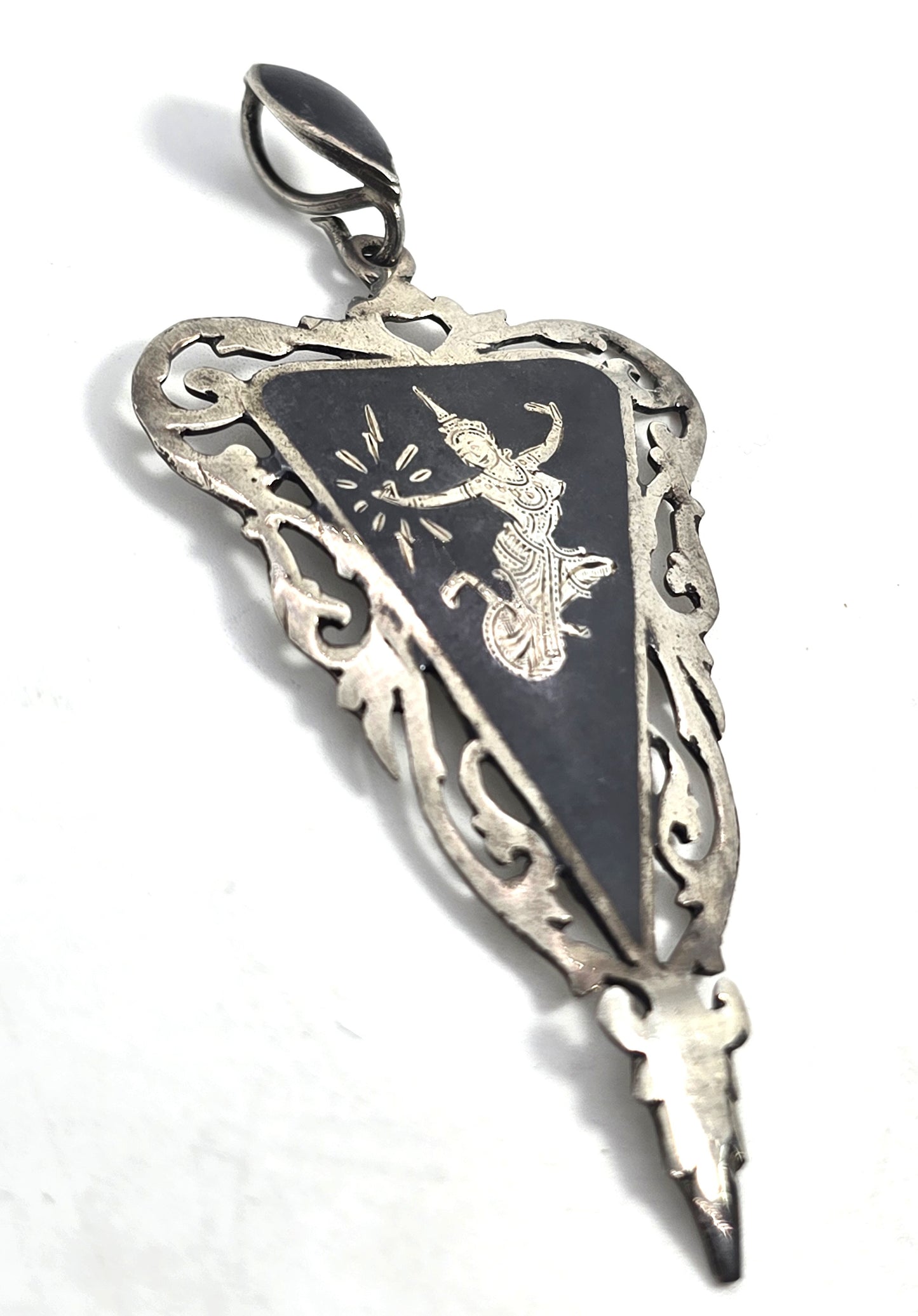 AmFarco Siam black nielloware vintage signed sterling silver triangle pendant