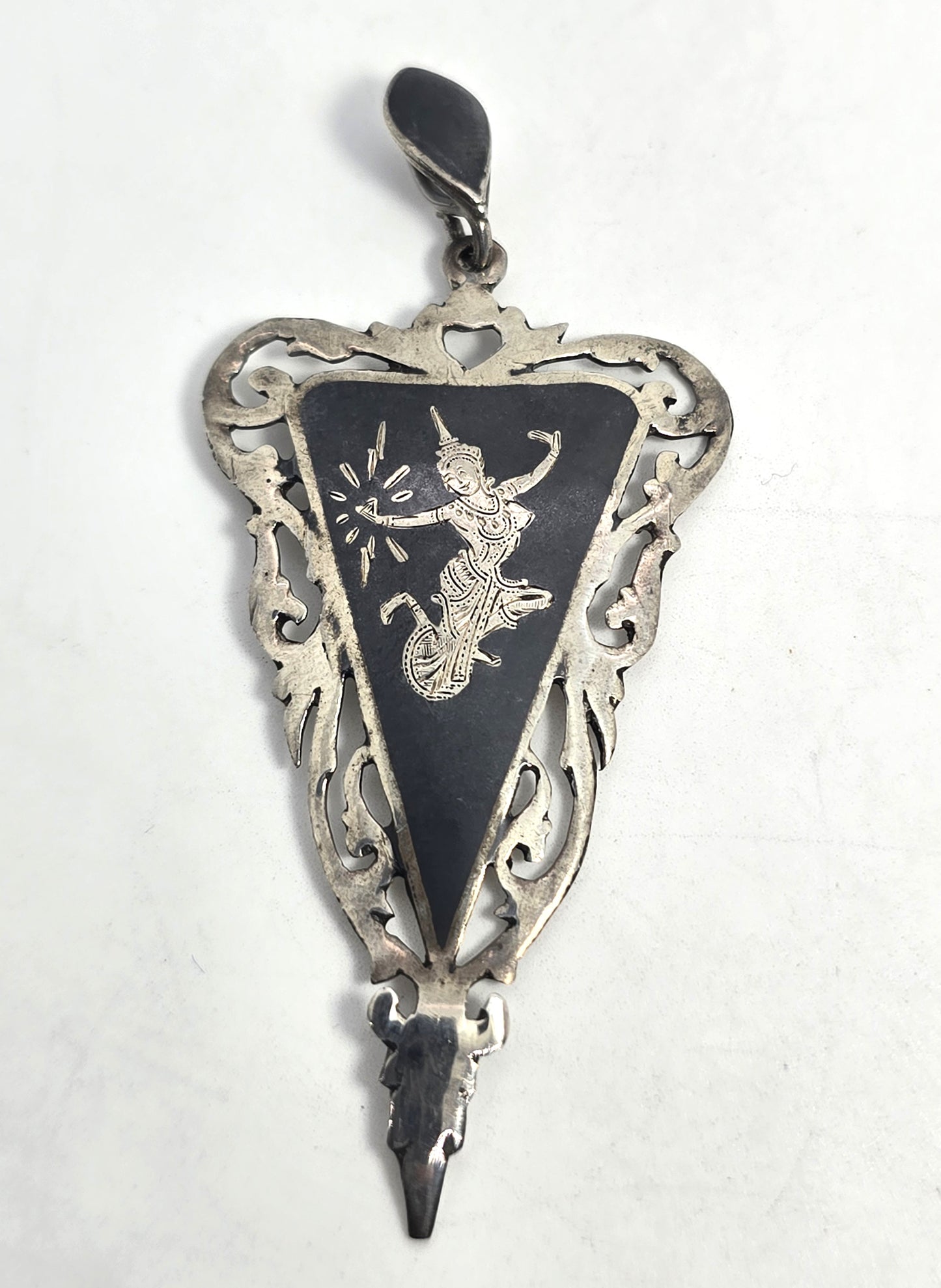 AmFarco Siam black nielloware vintage signed sterling silver triangle pendant