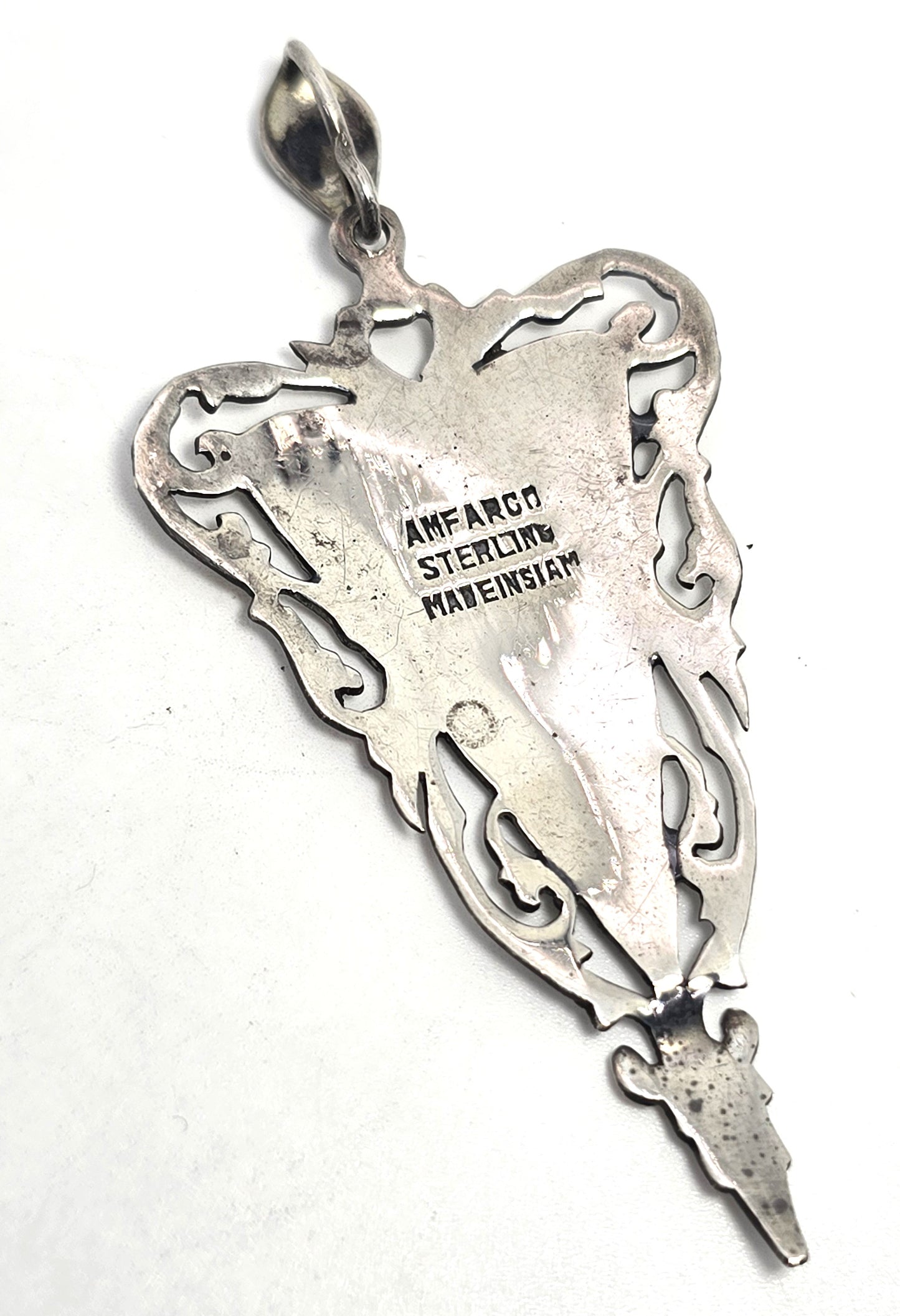 AmFarco Siam black nielloware vintage signed sterling silver triangle pendant