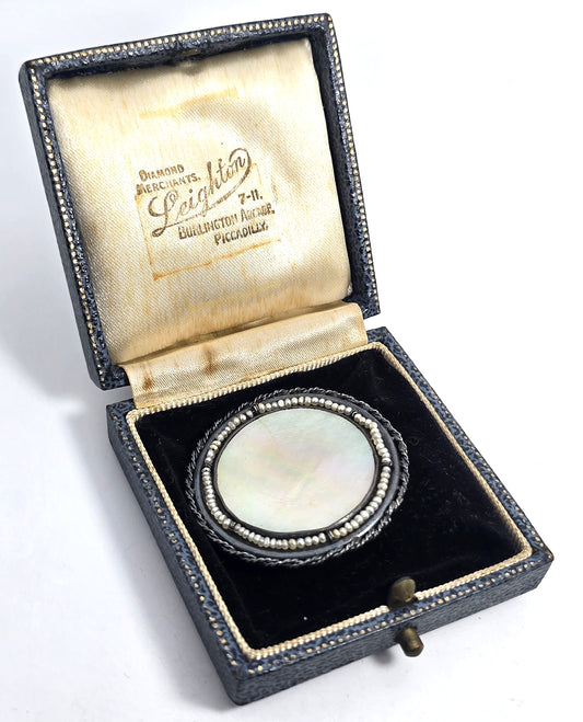 Victorian Mother of pearl carved shell seed pearl pendant brooch original box crack