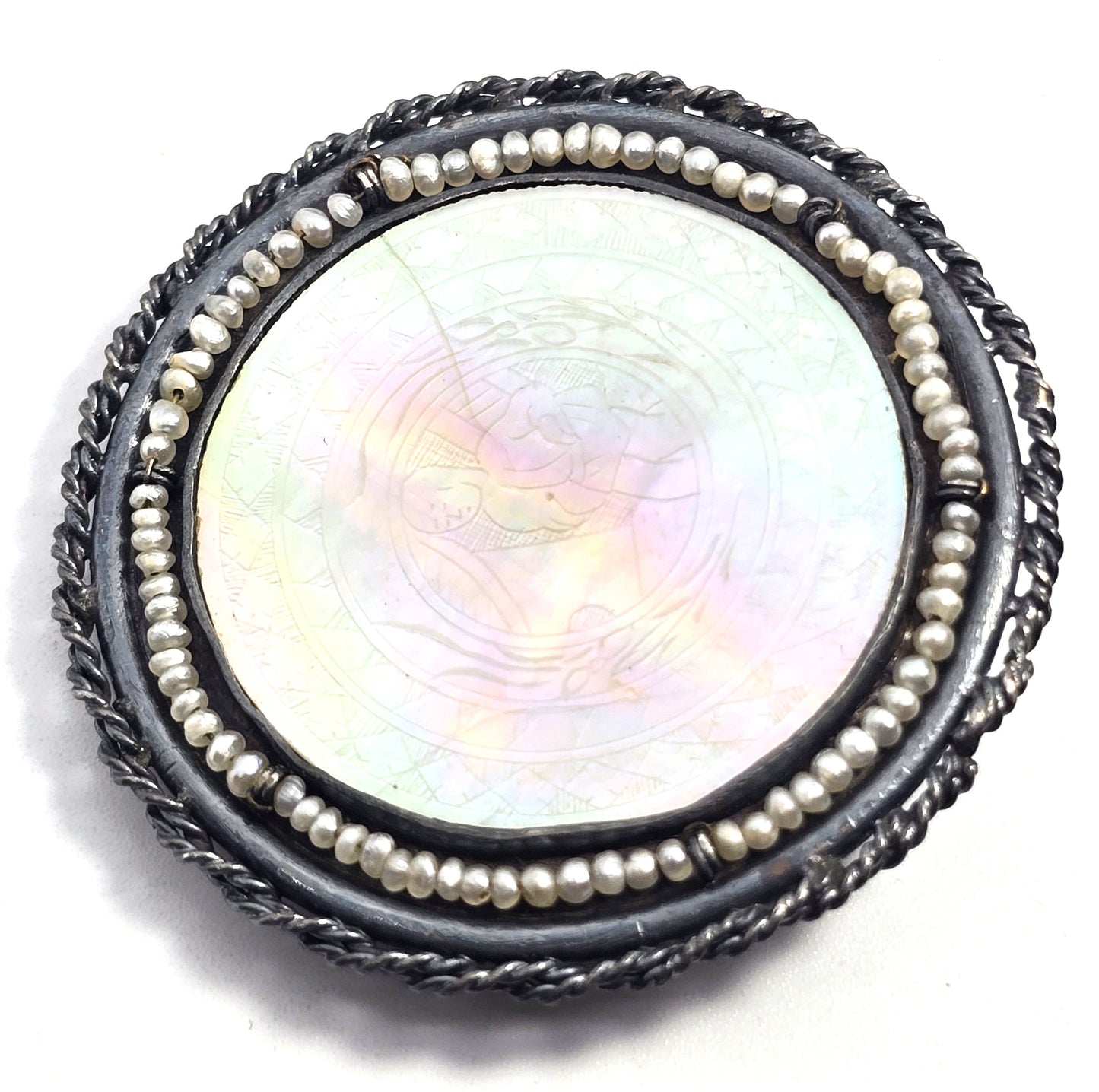 Victorian Mother of pearl carved shell seed pearl pendant brooch original box crack