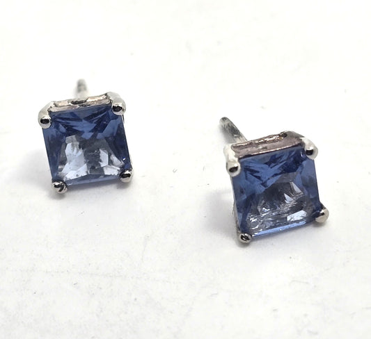 Synthetic Tanzanite Princess cut sterling silver 925 stud earrings
