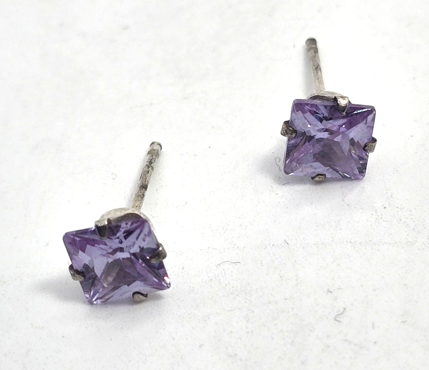 Synthetic Amethyst Princess cut silver plated stud earrings