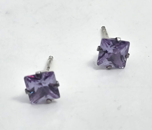 Synthetic Amethyst Princess cut silver plated stud earrings