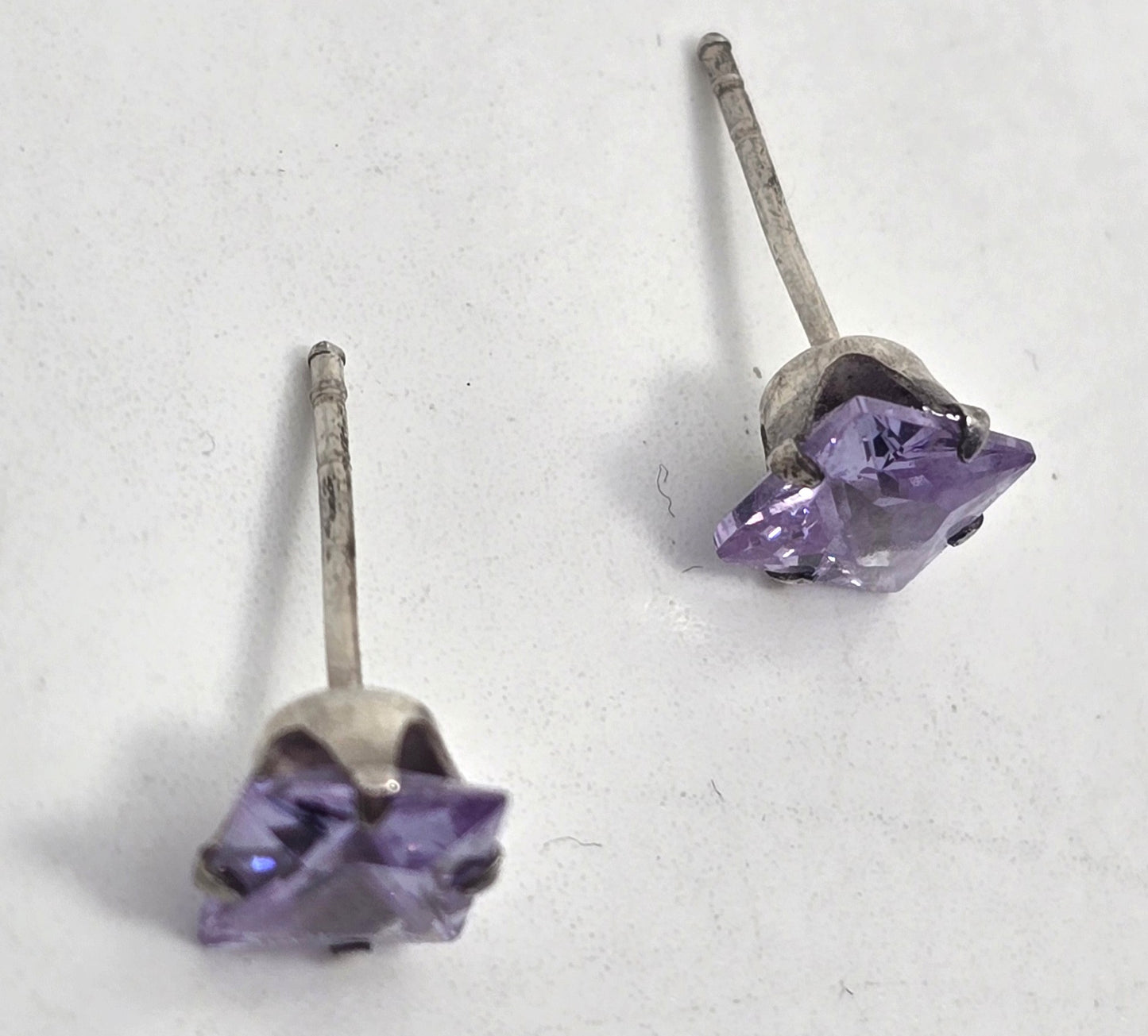 Synthetic Amethyst Princess cut silver plated stud earrings