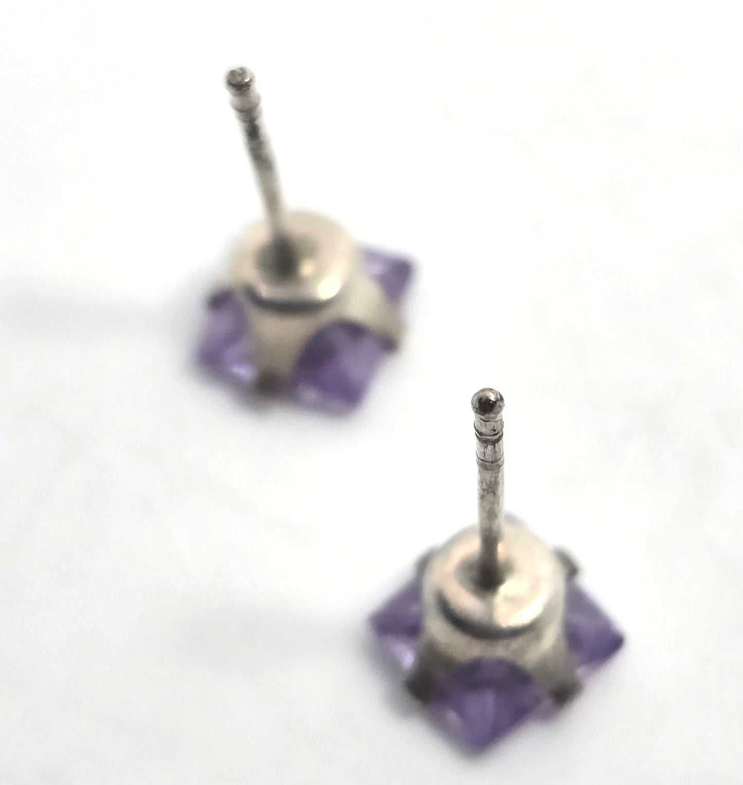 Synthetic Amethyst Princess cut silver plated stud earrings