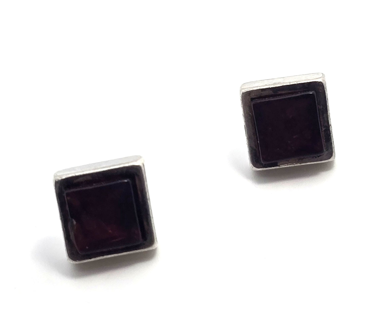 Synthetic garnet Princess cut sterling silver stud earrings