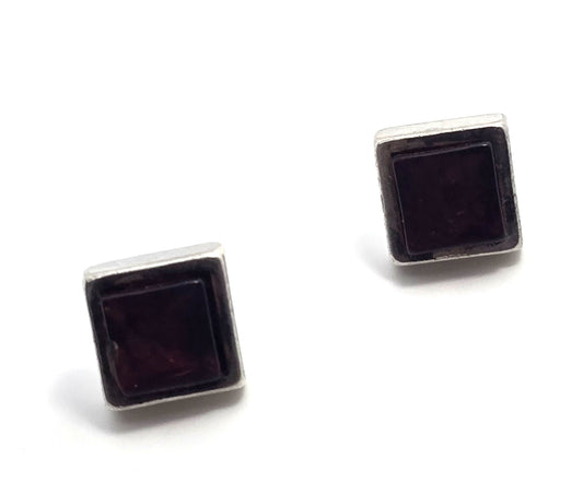 Synthetic garnet Princess cut sterling silver stud earrings
