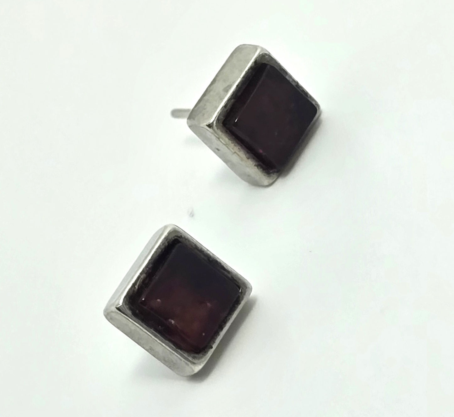Synthetic garnet Princess cut sterling silver stud earrings