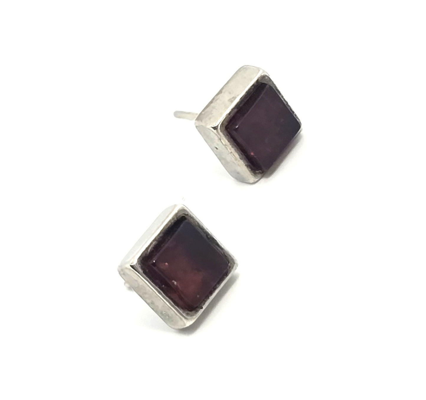 Synthetic garnet Princess cut sterling silver stud earrings