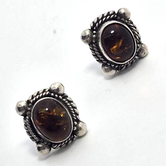 Amber Tribal Balinese sterling silver stud post vintage earrings
