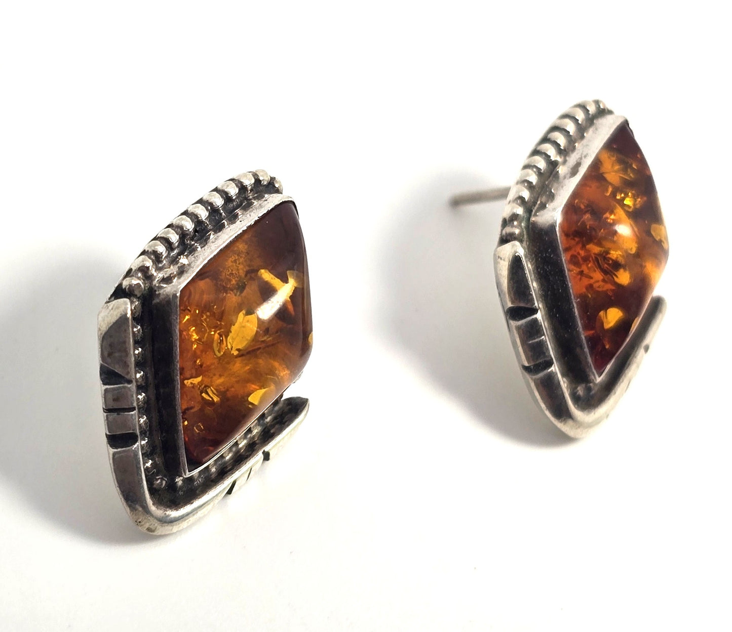 Running Bear Amber Tribal Native American sterling silver stud vintage earrings