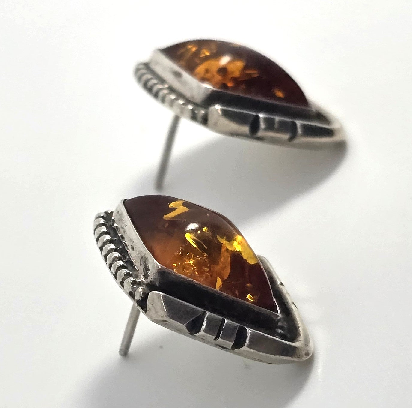 Running Bear Amber Tribal Native American sterling silver stud vintage earrings