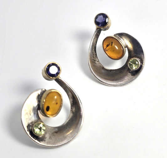 Abstract Amber Iolite peridot sterling silver gold plated vintage stud earrings