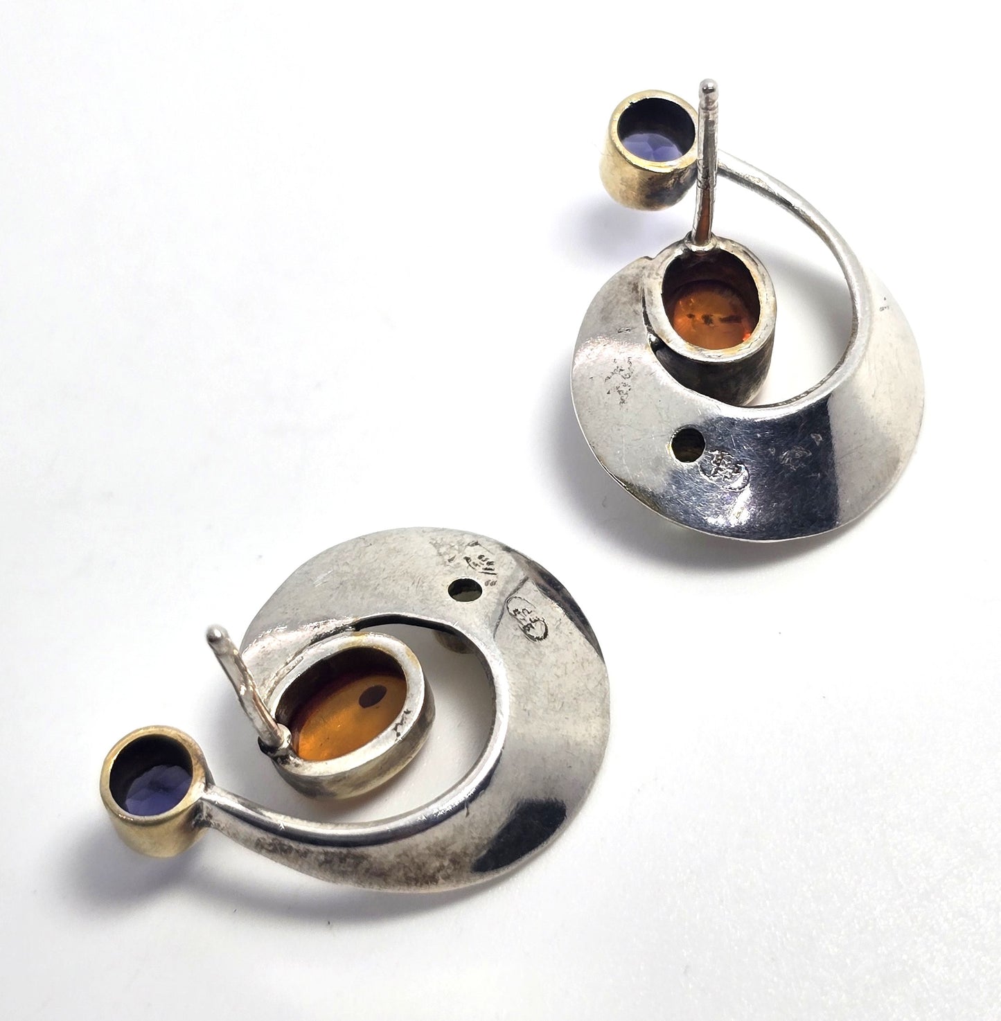 Abstract Amber Iolite peridot sterling silver gold plated vintage stud earrings