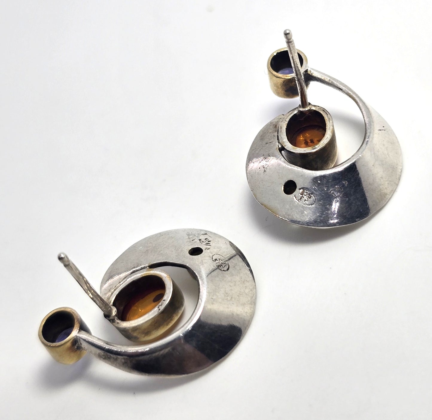 Abstract Amber Iolite peridot sterling silver gold plated vintage stud earrings