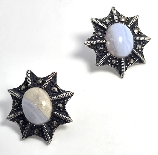 Blue Lace Agate sterling silver spider web post stud vintage earrings TH