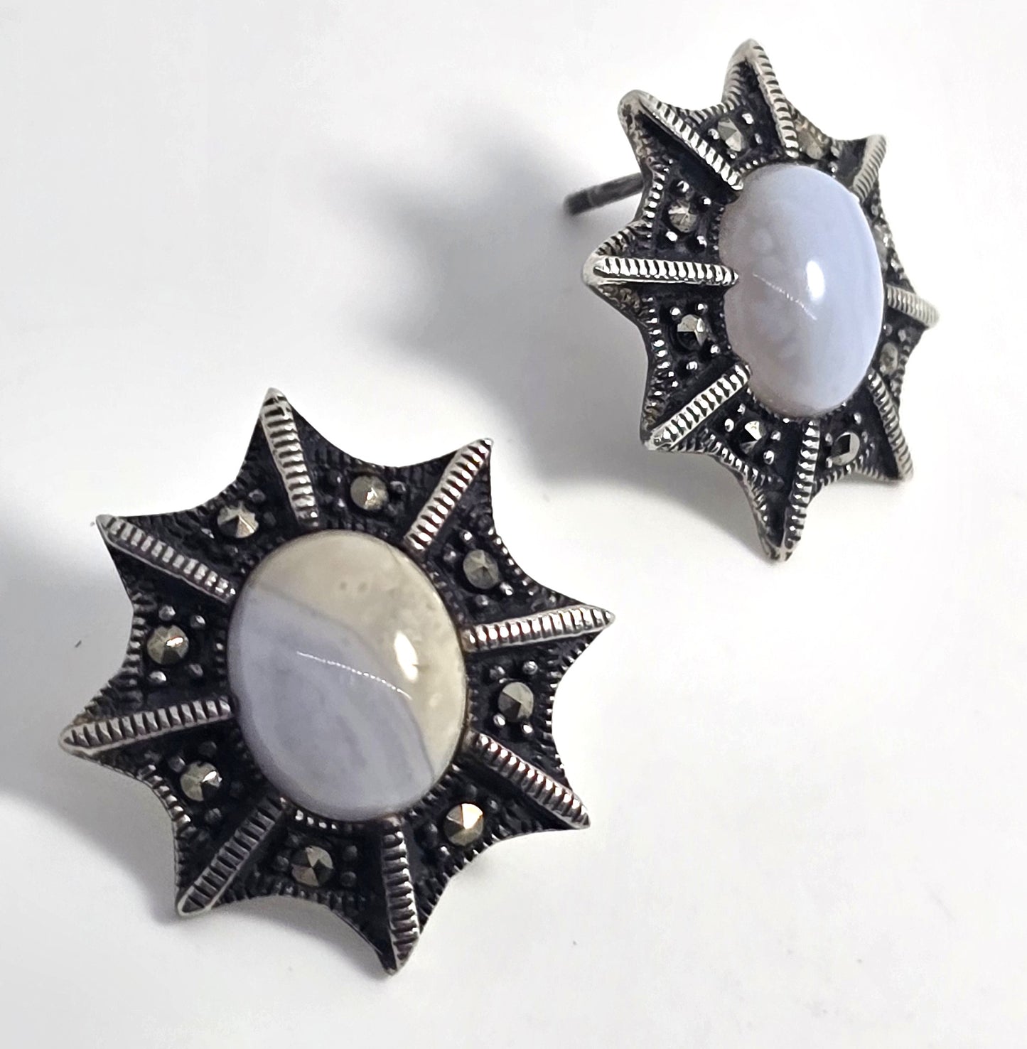 Blue Lace Agate sterling silver spider web post stud vintage earrings TH