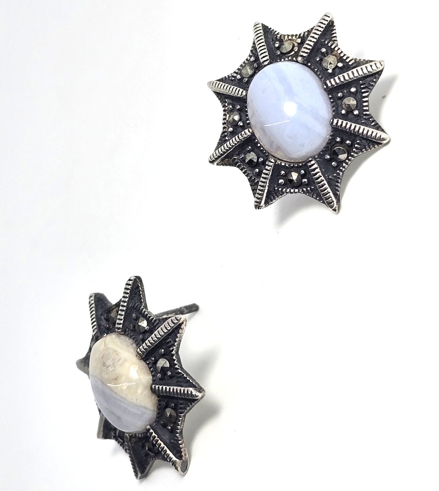 Blue Lace Agate sterling silver spider web post stud vintage earrings TH