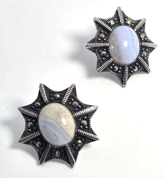 Blue Lace Agate sterling silver spider web post stud vintage earrings TH