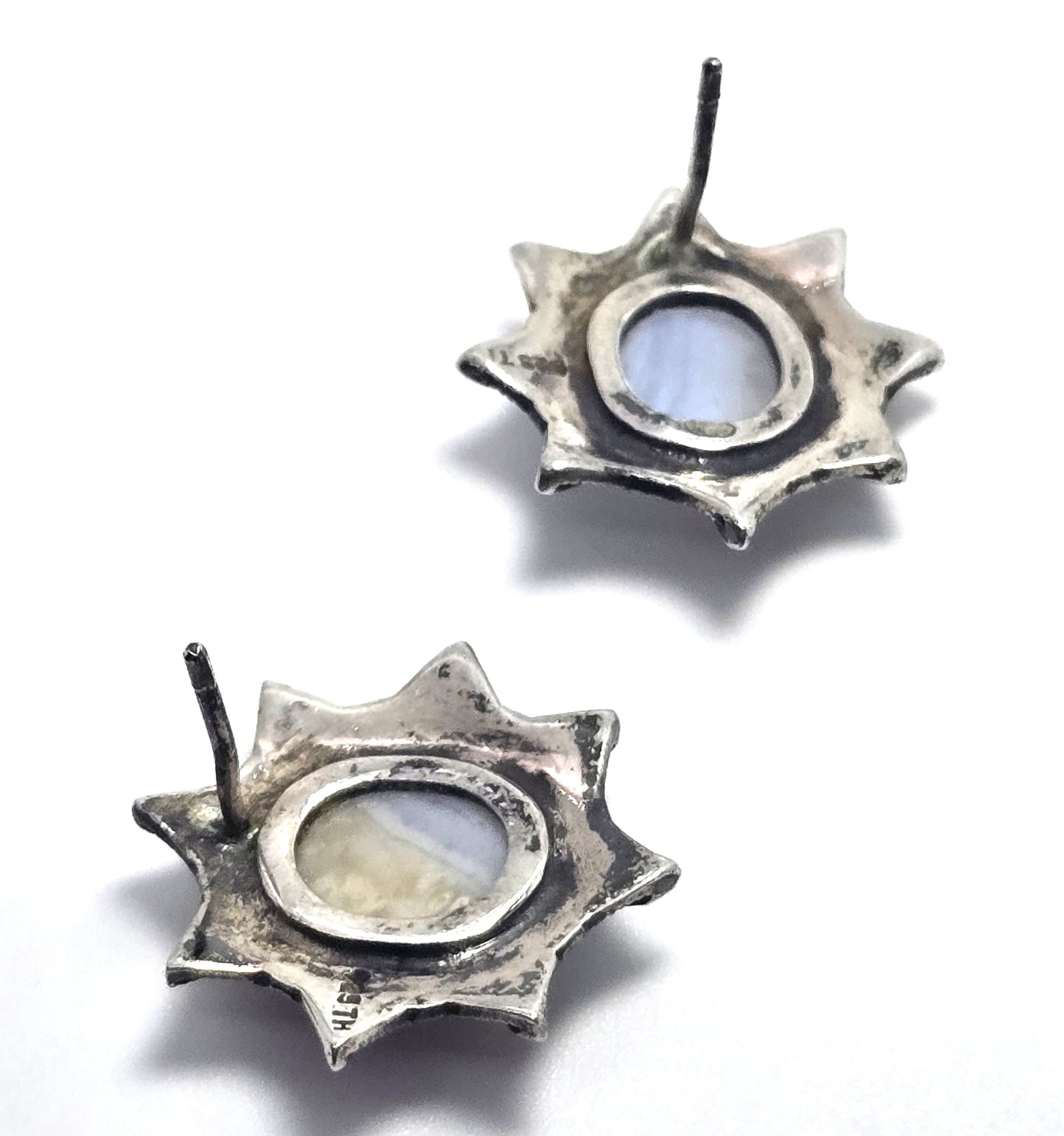Blue Lace Agate sterling silver spider web post stud vintage earrings TH