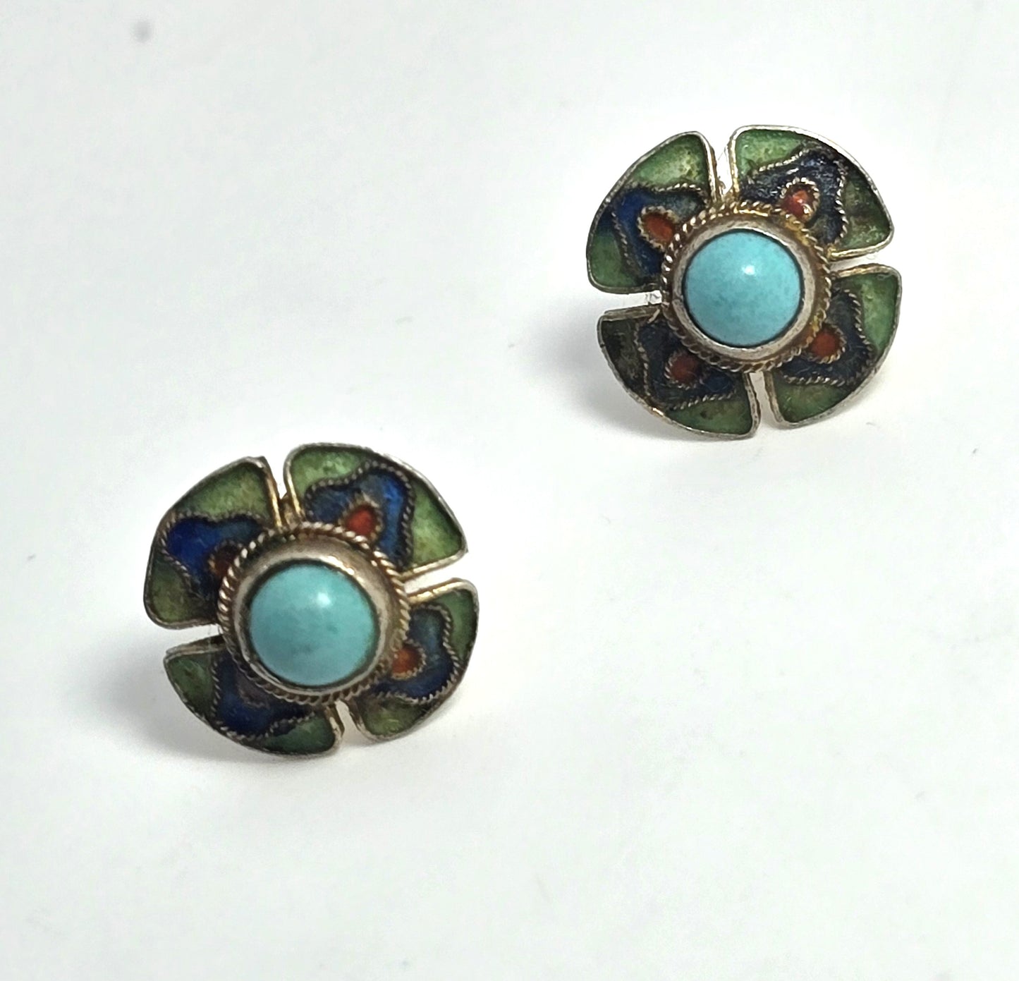 Chinese Export Turquoise Enamel gold over sterling silver vintage stud earrings