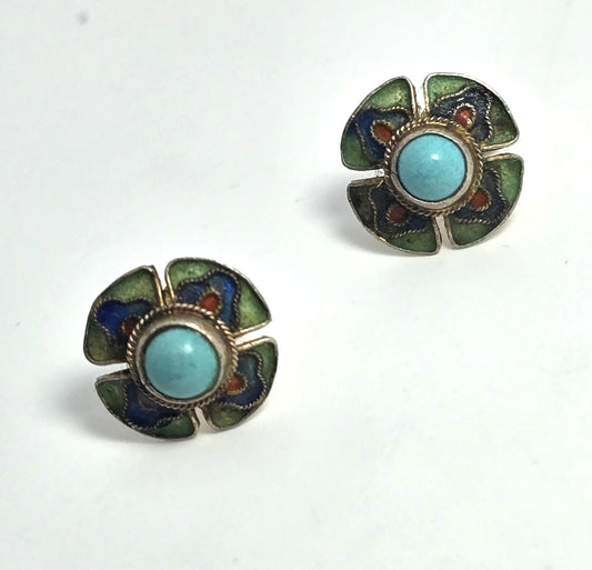 Chinese Export Turquoise Enamel gold over sterling silver vintage stud earrings