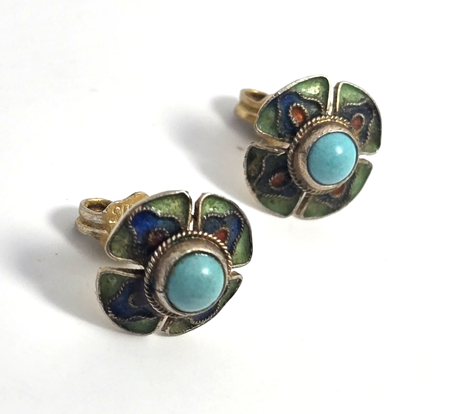 Chinese Export Turquoise Enamel gold over sterling silver vintage stud earrings