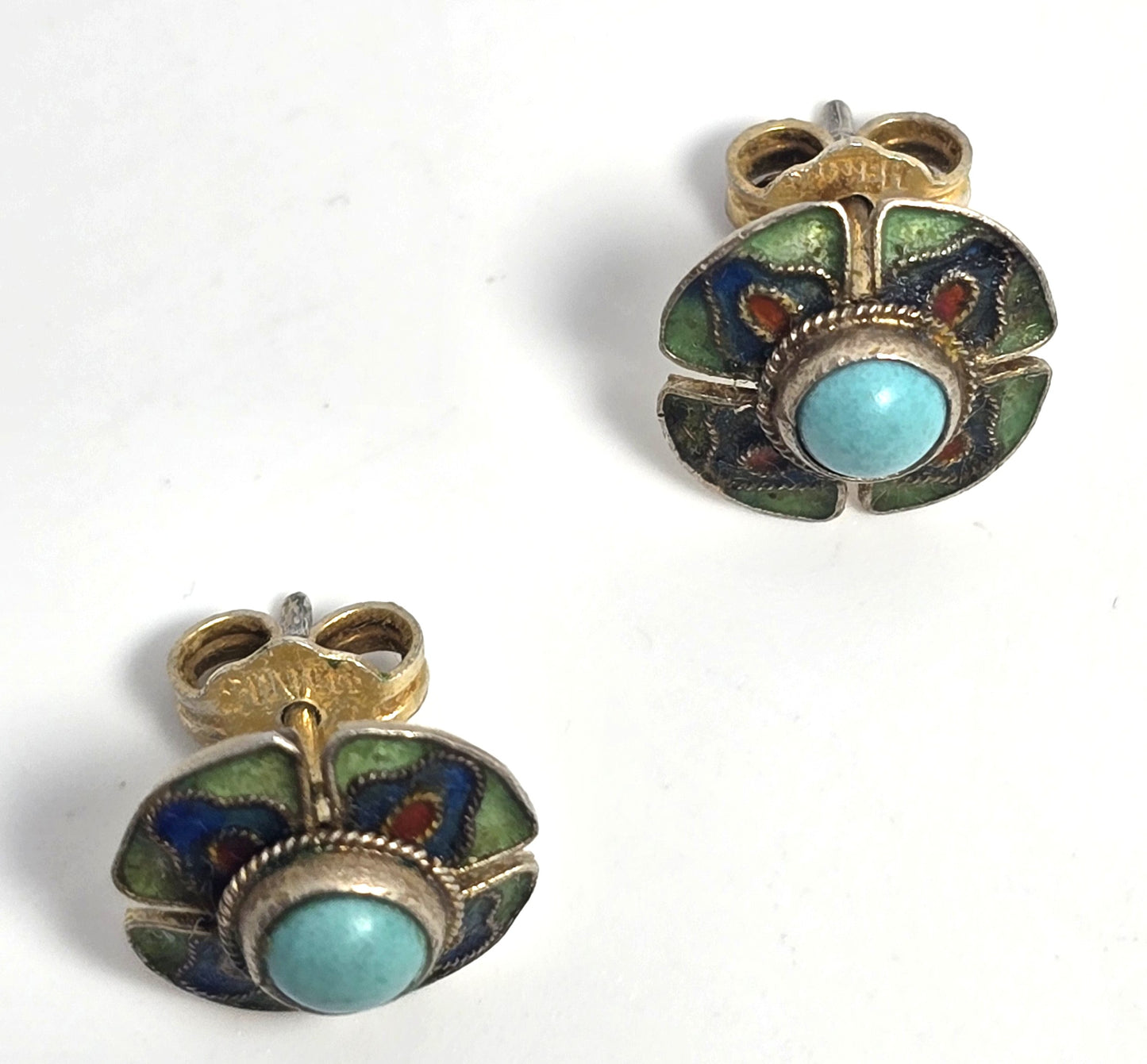 Chinese Export Turquoise Enamel gold over sterling silver vintage stud earrings