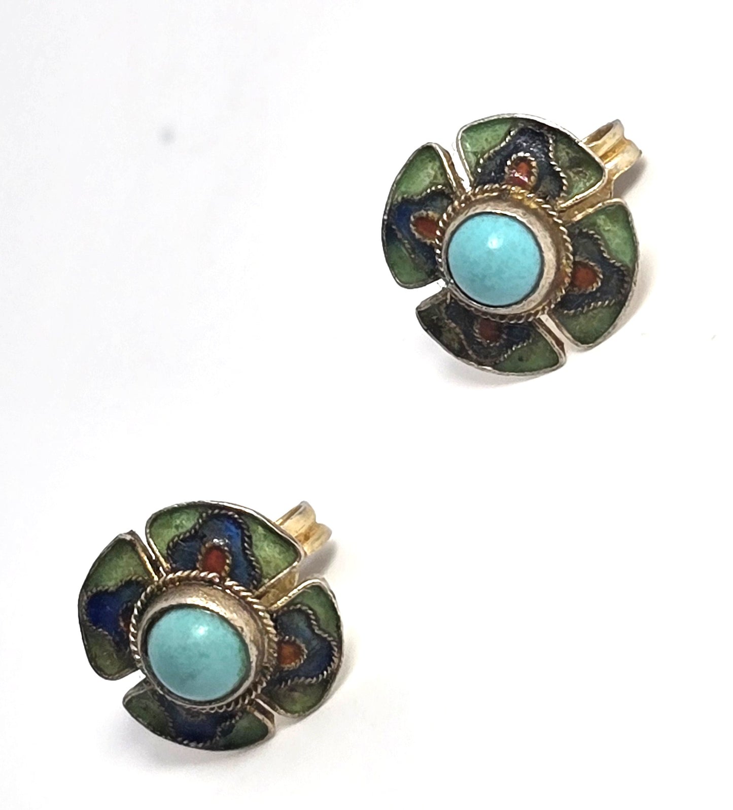 Chinese Export Turquoise Enamel gold over sterling silver vintage stud earrings
