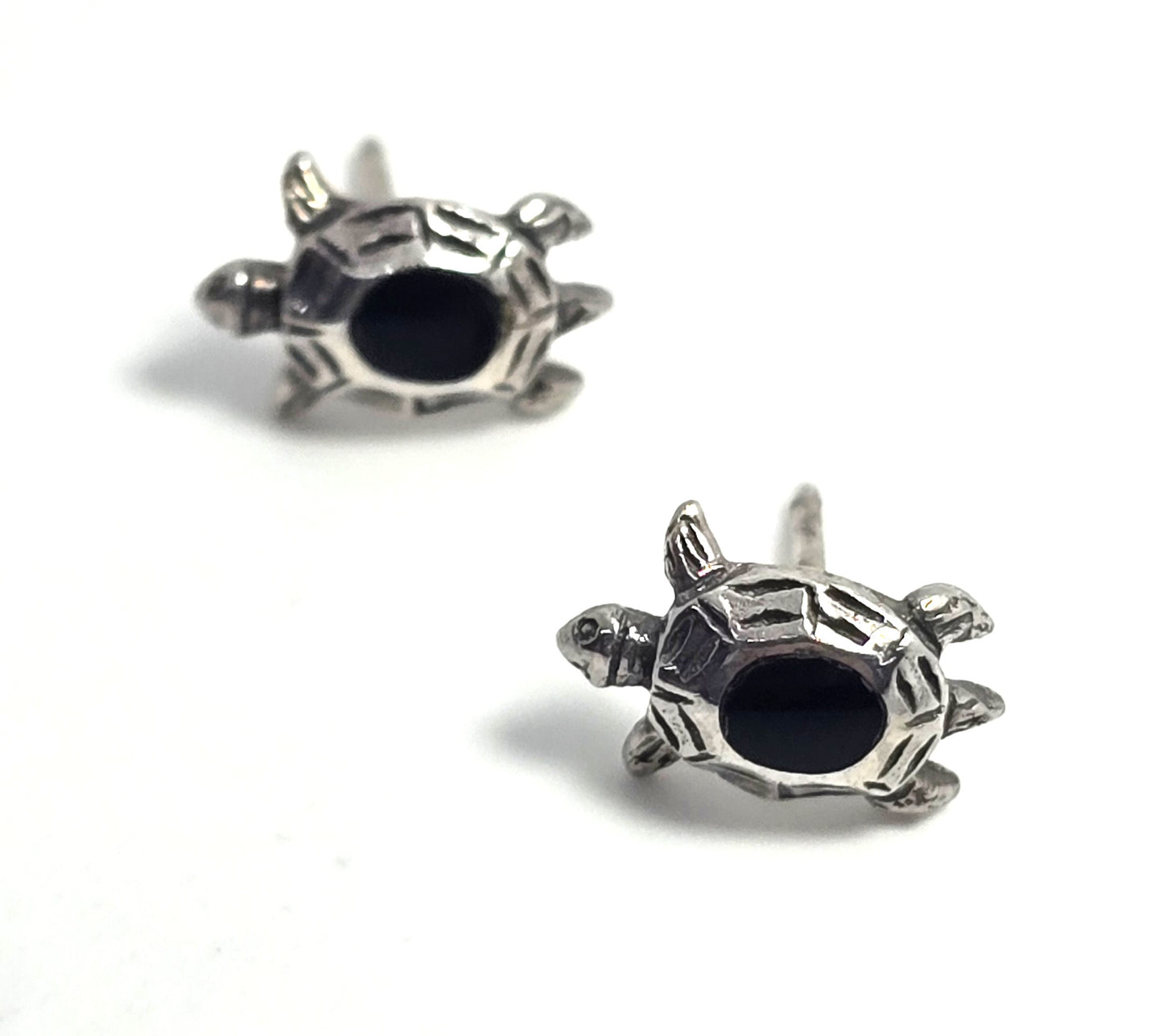 Black onyx vintage sterling silver small turtle stud earrings