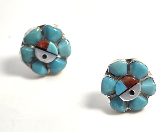 Zuni Sterling sun face carved vintage artisan sterling silver stud earrings