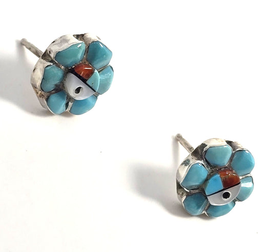Zuni Sterling sun face carved vintage artisan sterling silver stud earrings