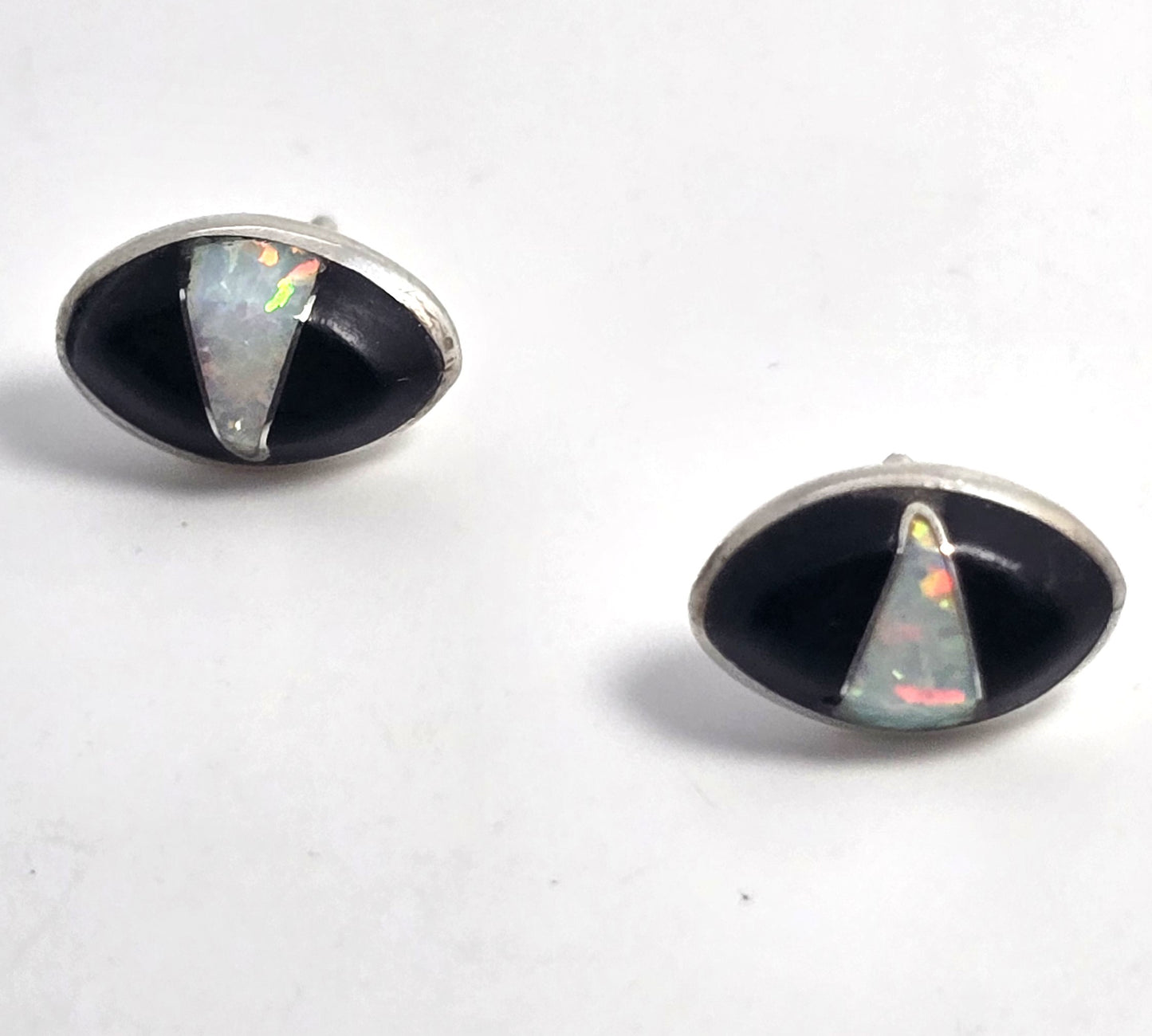 Native Sterling Silver white fire opal Onyx Inlay vintage stud earrings
