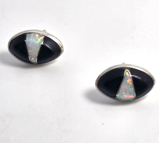 Native Sterling Silver white fire opal Onyx Inlay vintage stud earrings