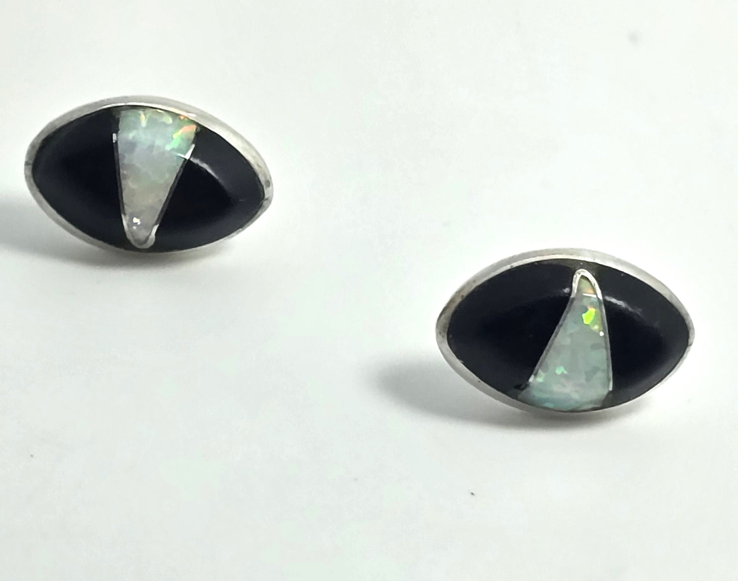 Native Sterling Silver white fire opal Onyx Inlay vintage stud earrings