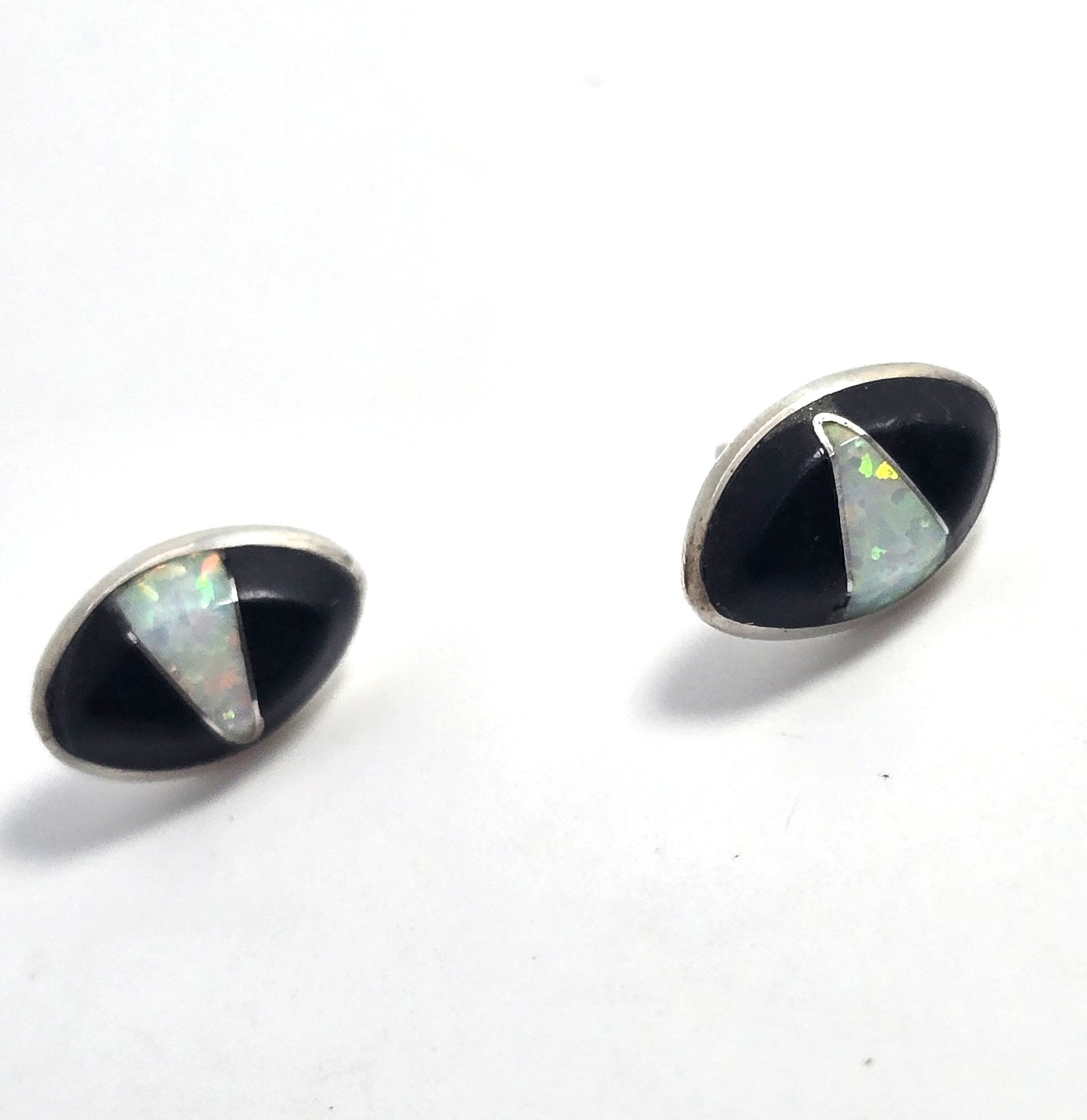 Native Sterling Silver white fire opal Onyx Inlay vintage stud earrings
