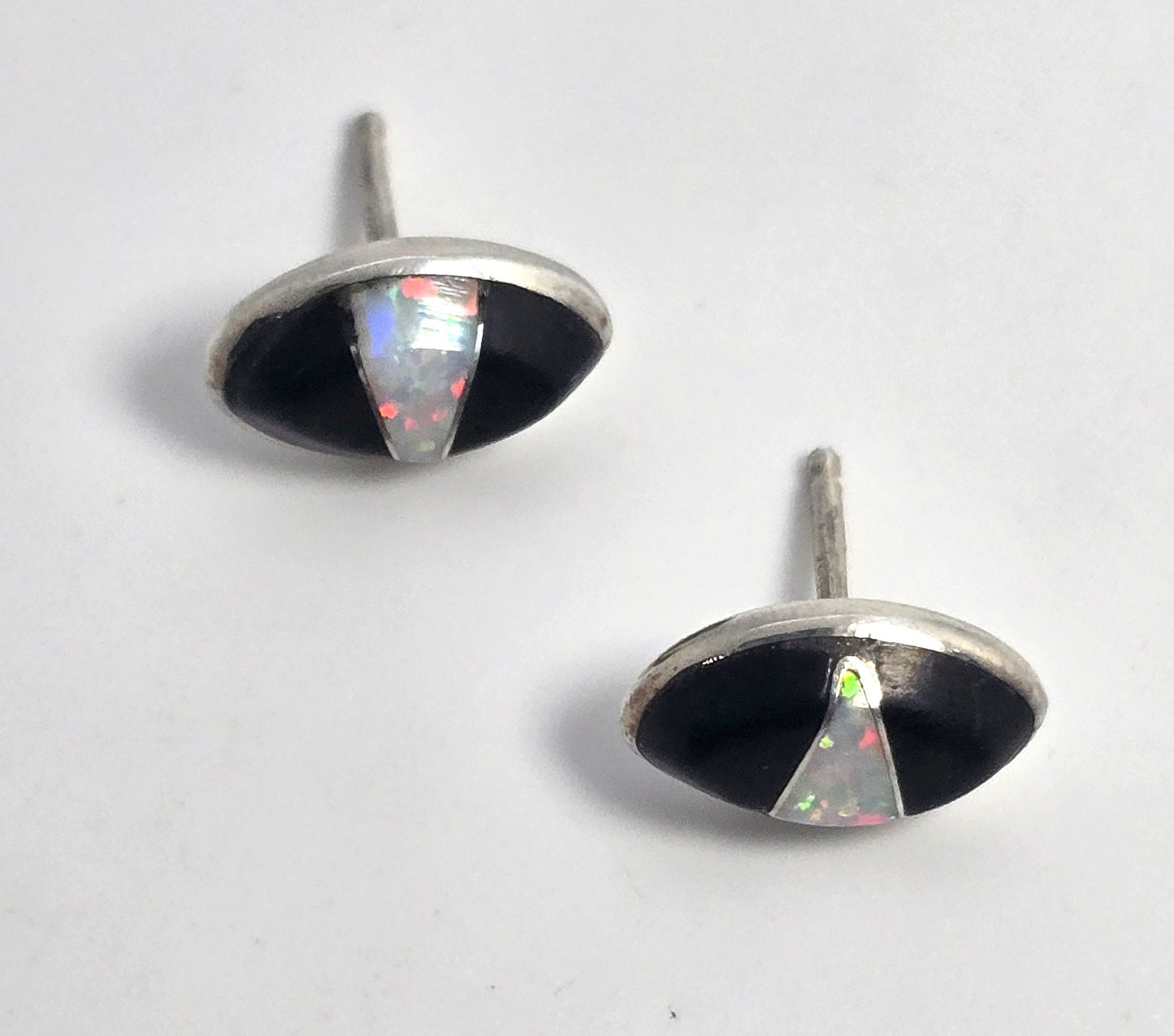 Native Sterling Silver white fire opal Onyx Inlay vintage stud earrings