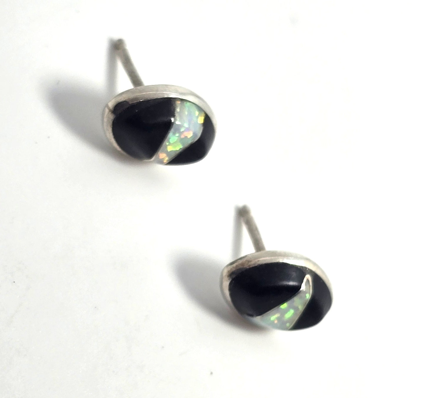 Native Sterling Silver white fire opal Onyx Inlay vintage stud earrings