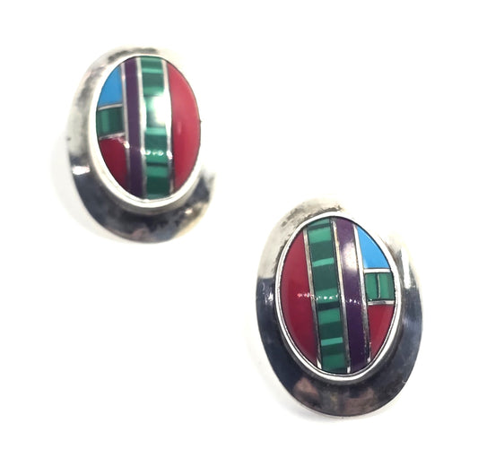 Southwestern multi gemstone inlay sterling silver vintage large stud earrings