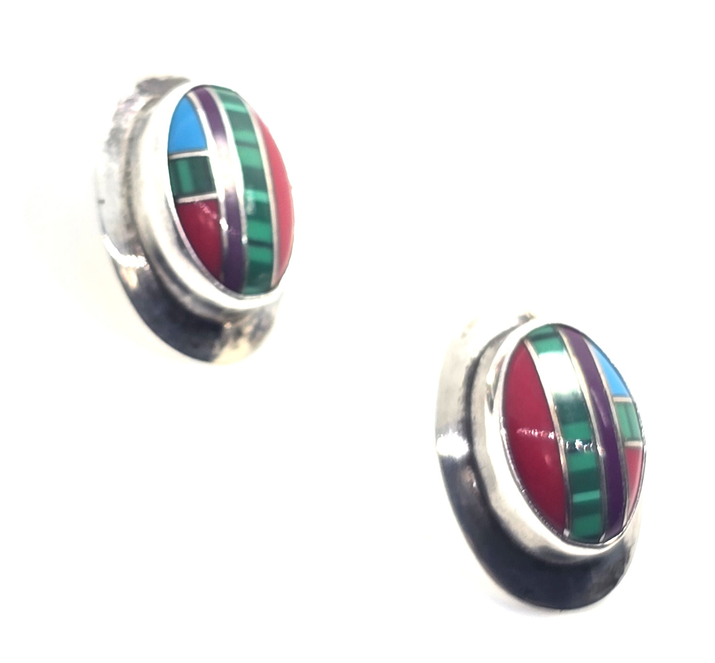 Southwestern multi gemstone inlay sterling silver vintage large stud earrings