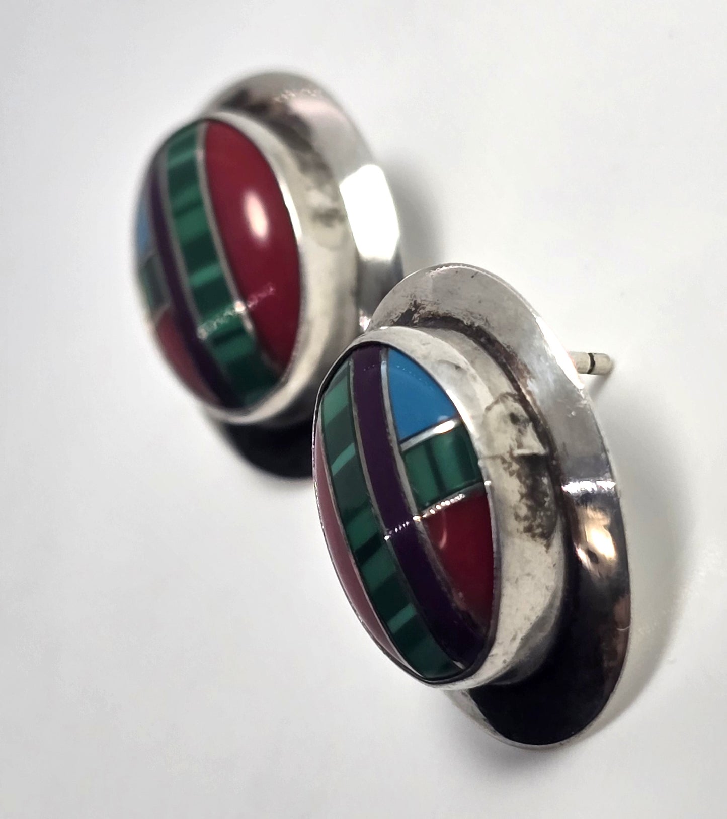 Southwestern multi gemstone inlay sterling silver vintage large stud earrings