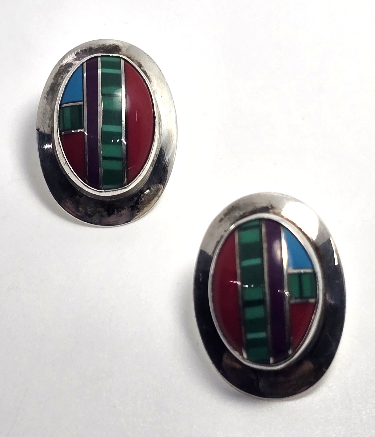 Southwestern multi gemstone inlay sterling silver vintage large stud earrings