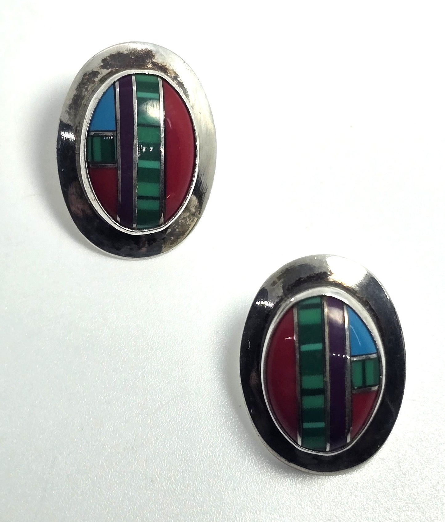 Southwestern multi gemstone inlay sterling silver vintage large stud earrings